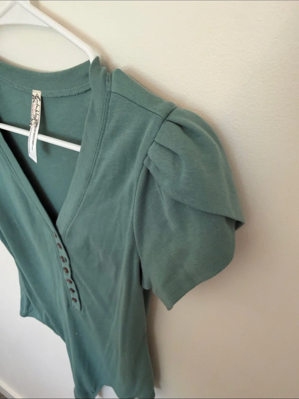 Free People Forest Green V-Neck Button-Front Bodysuit